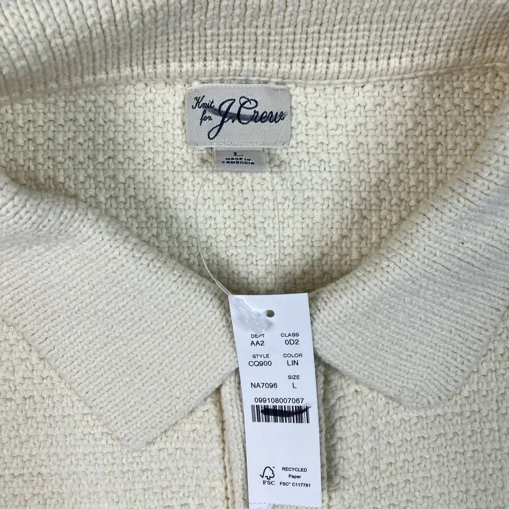 J Crew Polo Cardigan Mens L Cream Short Sleeve Cotton Waffle Knit Preppy CQ900
